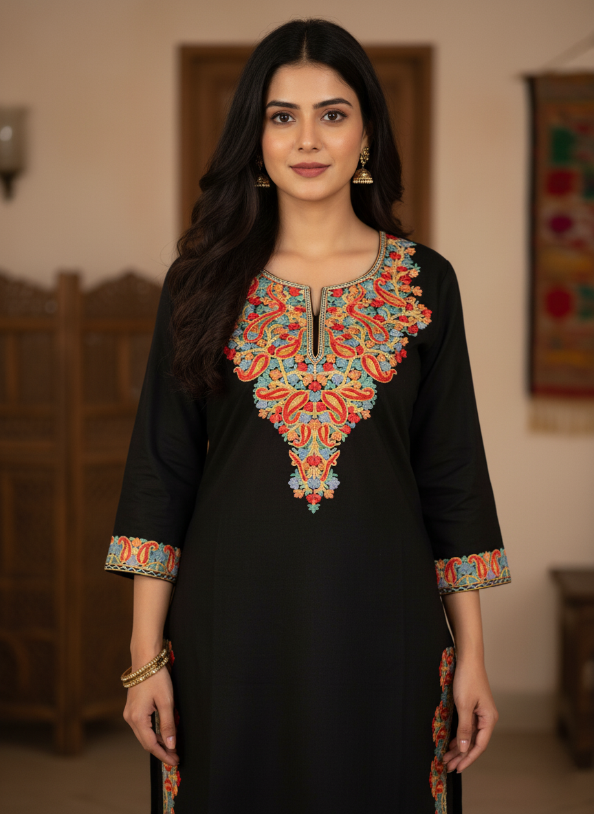 Black & Multicolor Embroidered Kashmiri Pheran