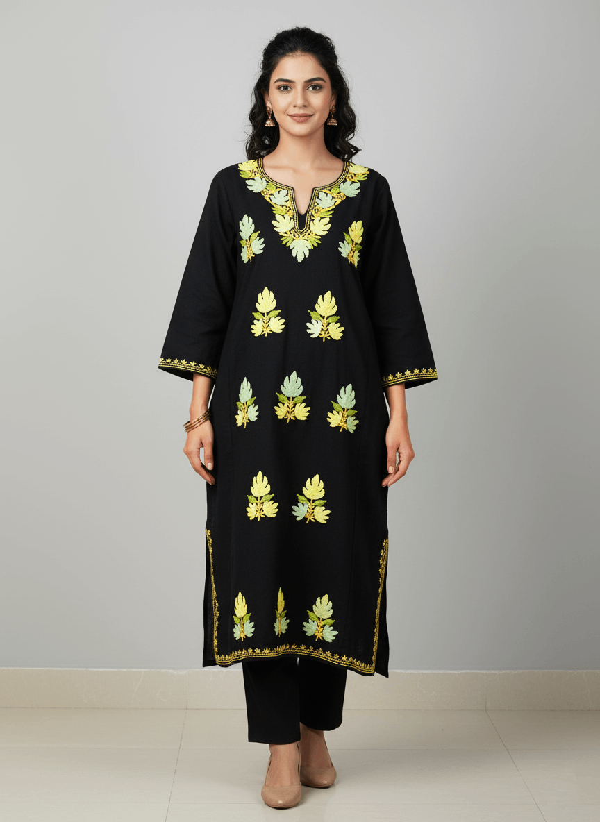 Black & Green Floral Embroidered Kashmiri Pheran