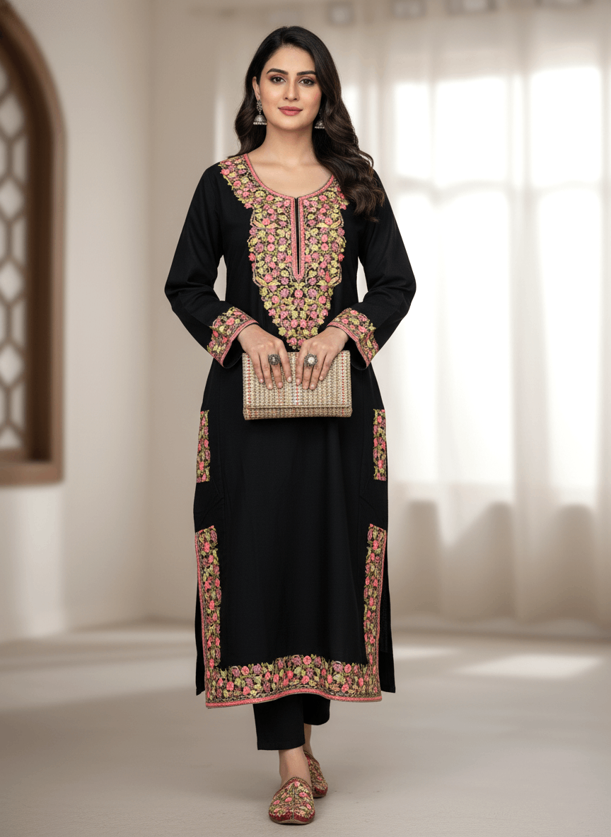 Black & Multicolor Embroidered Kashmiri Pheran