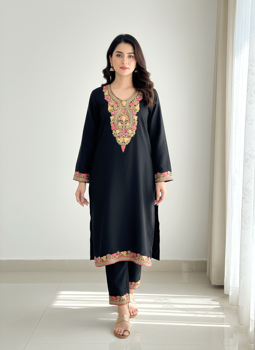 Black Aari and Tilla Embroidered Kashmiri Co-ord set