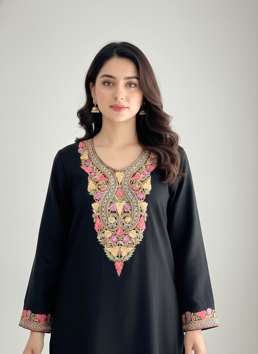 Black Aari and Tilla Embroidered Kashmiri Co-ord set
