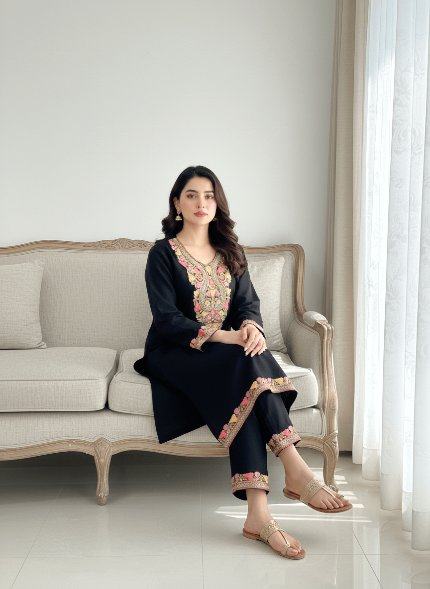 Black Aari and Tilla Embroidered Kashmiri Co-ord set