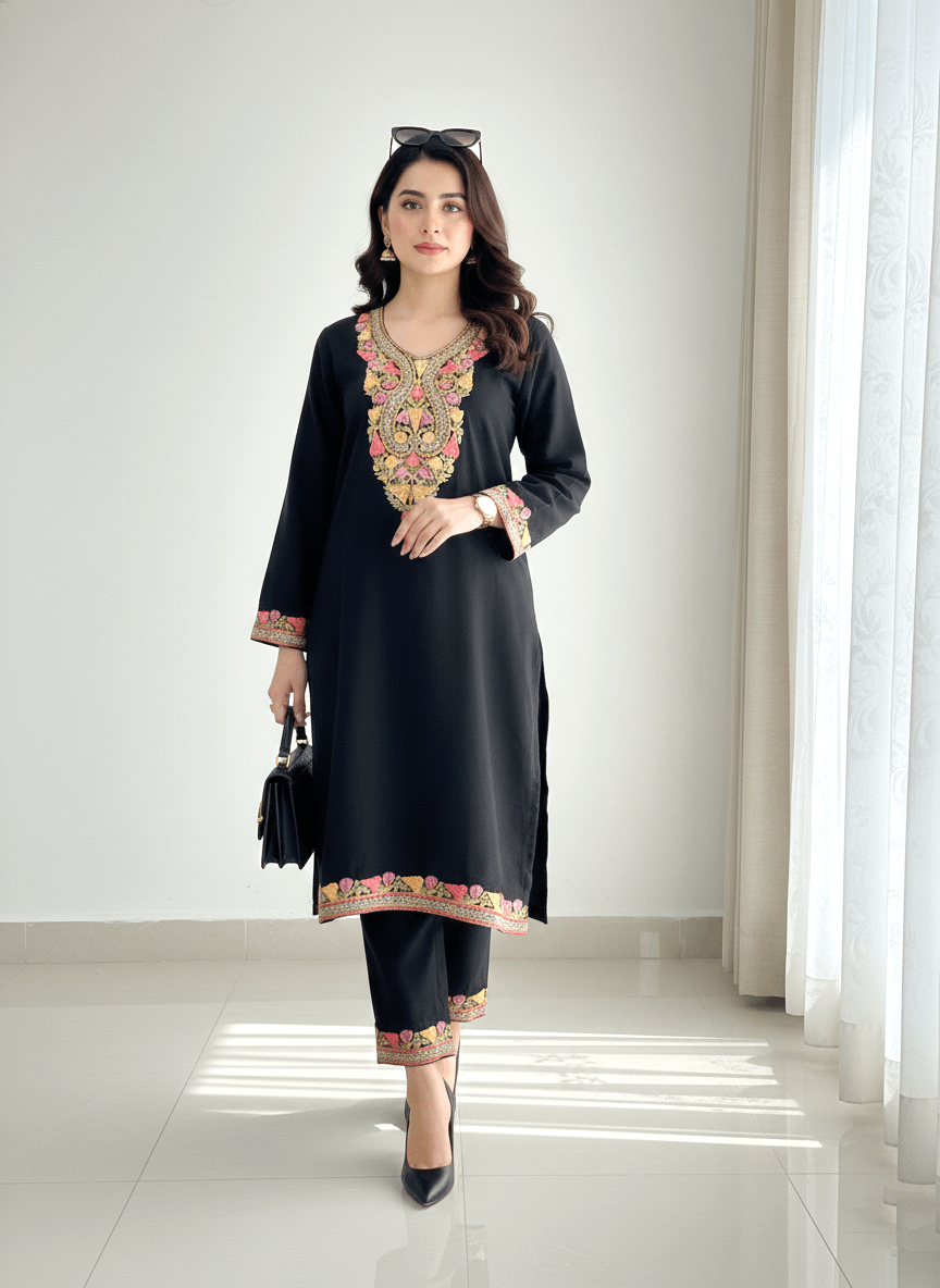 Black Aari and Tilla Embroidered Kashmiri Co-ord set