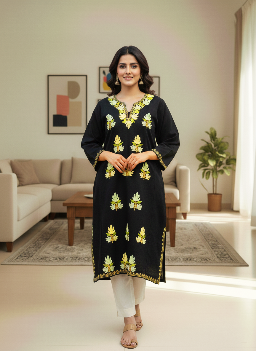 Black & Green Floral Embroidered Kashmiri Pheran