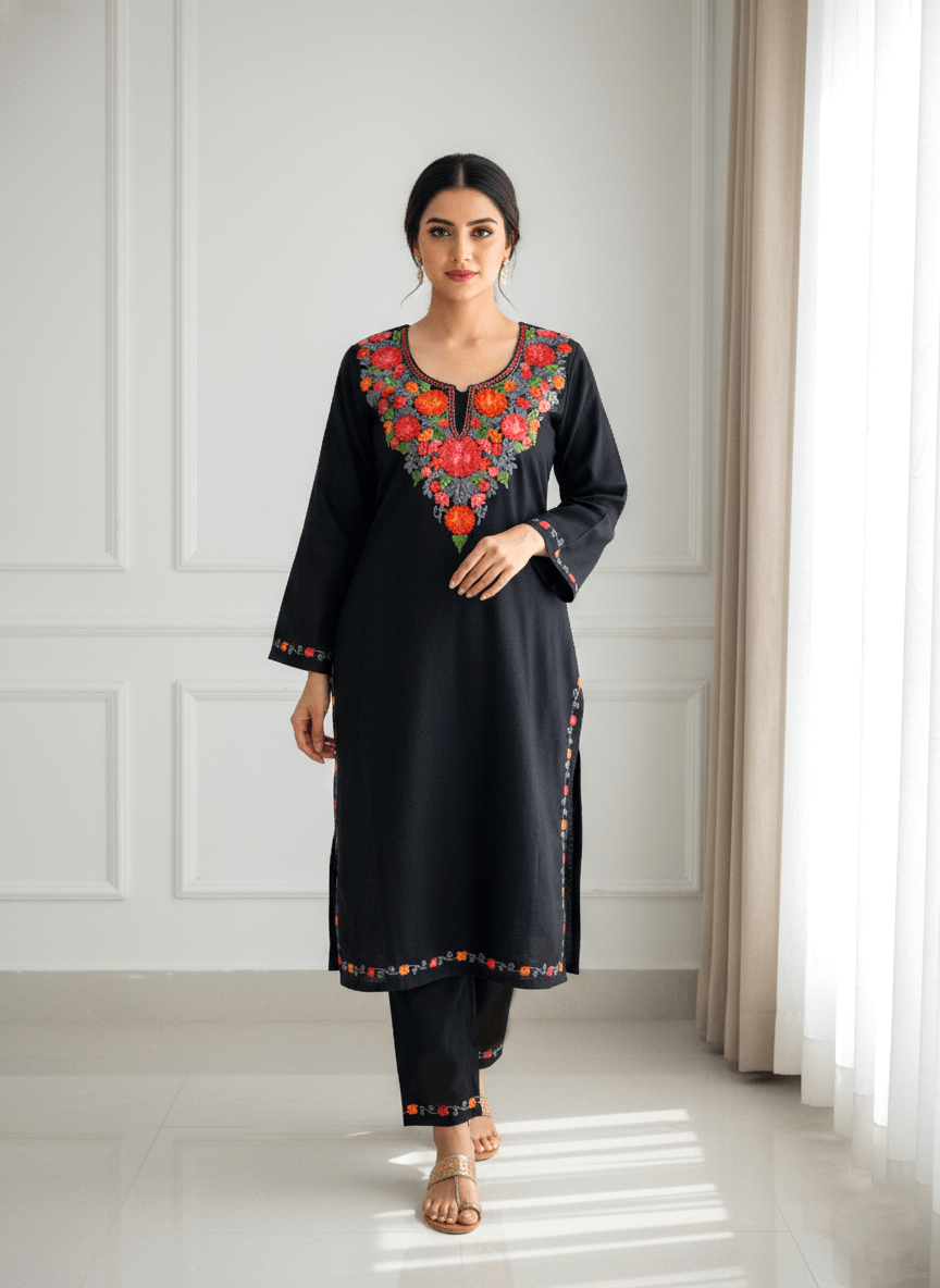 Black & Orange Floral Aari Embroidered Kashmiri Co-ord set
