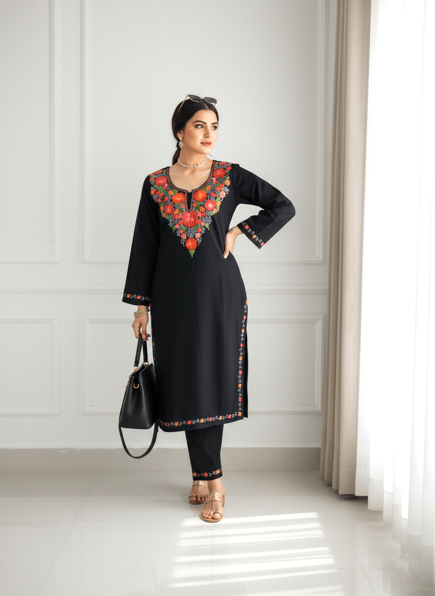 Black & Orange Floral Aari Embroidered Kashmiri Co-ord set