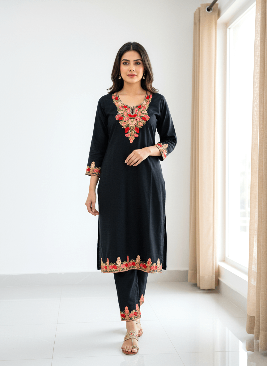 Black & Red Floral Aari-Tilla Embroidered Kashmiri Co-ord set