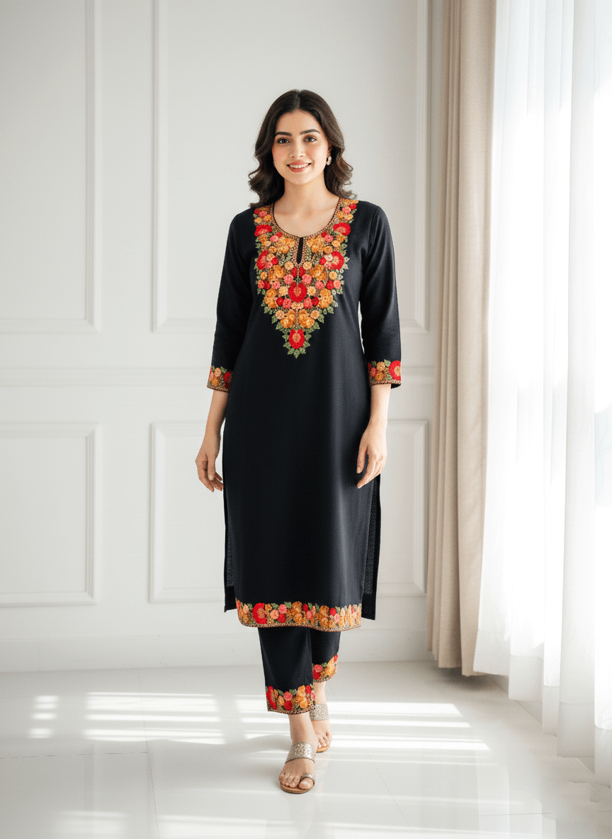 Black & Red Floral Aari Embroidered Kashmiri Co-ord set