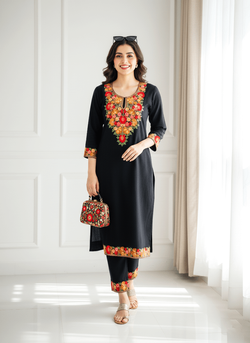 Black & Red Floral Aari Embroidered Kashmiri Co-ord set