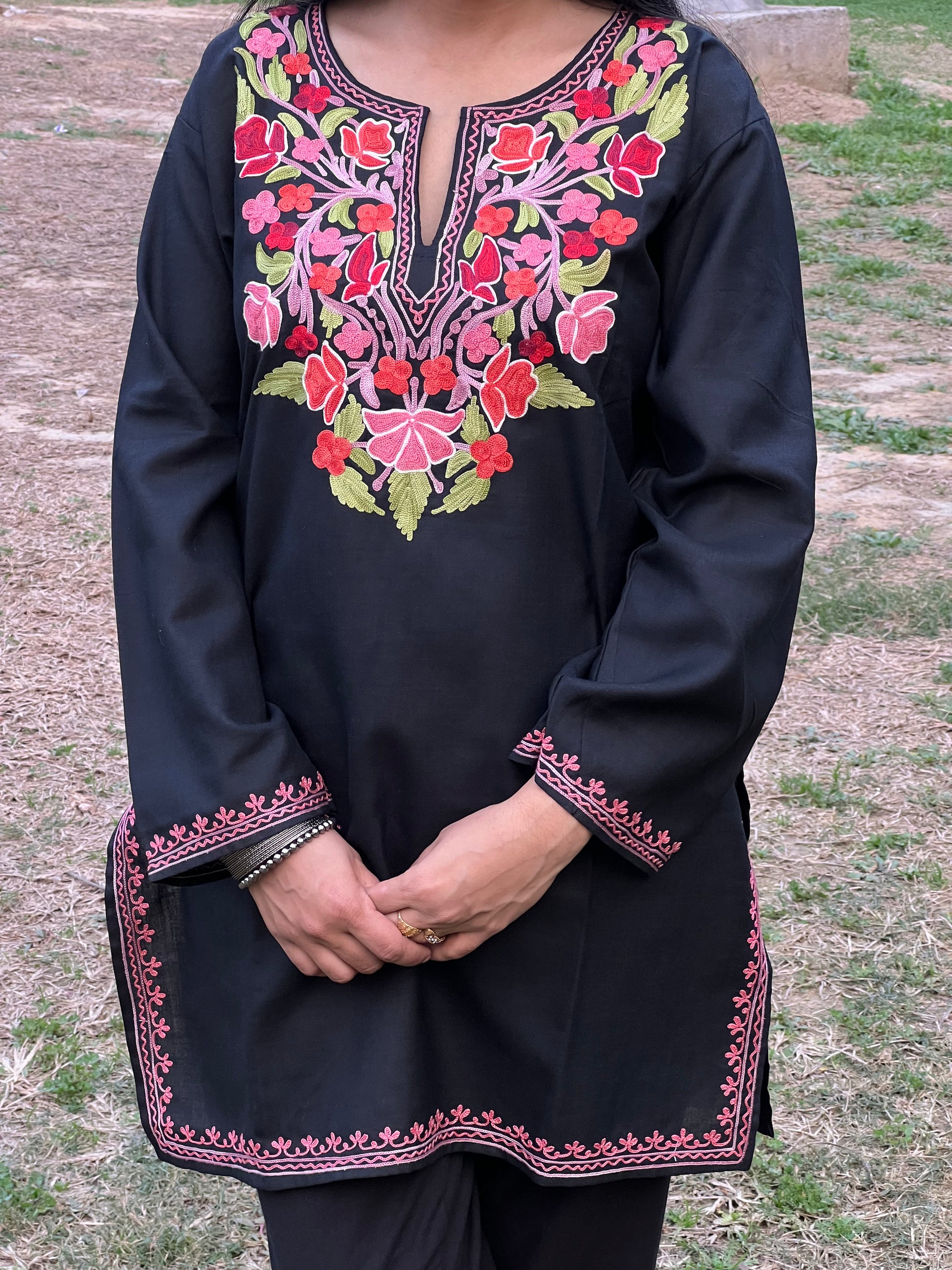  Black With Red Embroidered  Cotton Straight Kurti 