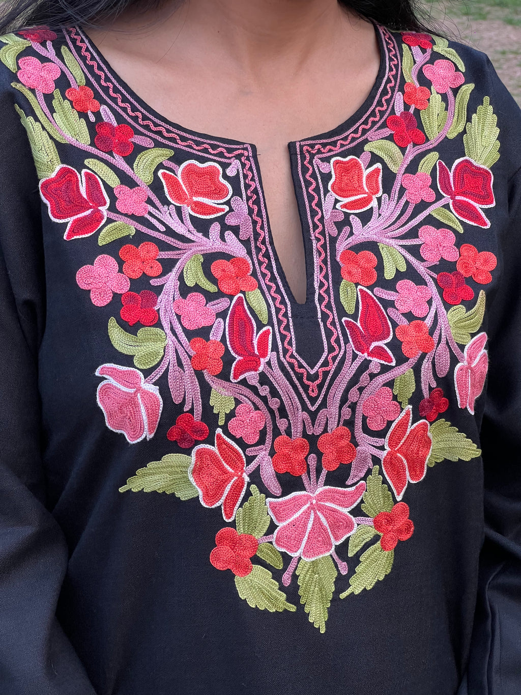  Black With Red Embroidered  Cotton Straight Kurti For Women
