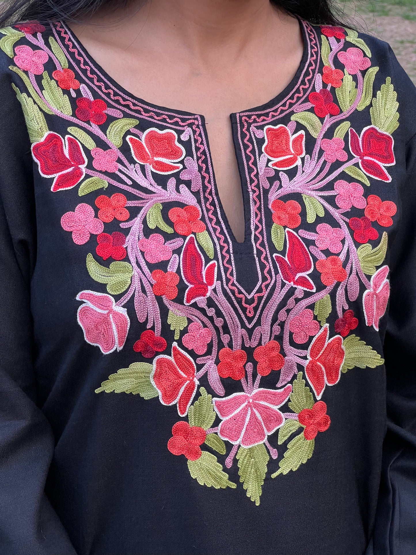  Black With Red Embroidered  Cotton Straight Kurti For Women