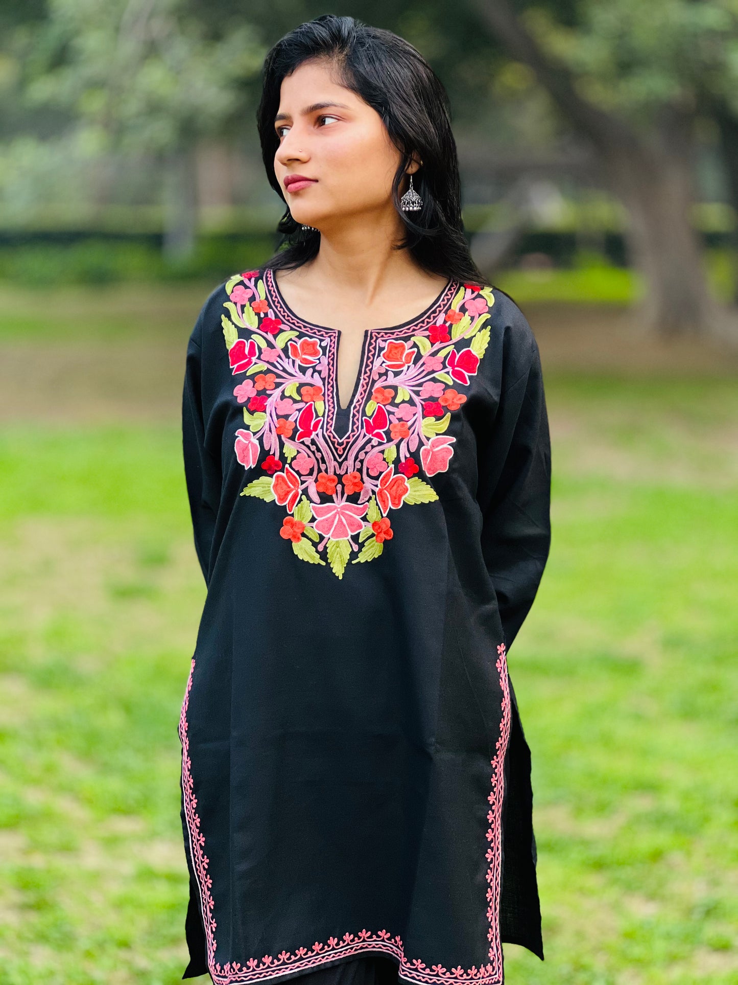  Black With Red Embroidered Thread Work Cotton Straight Kurti For Women