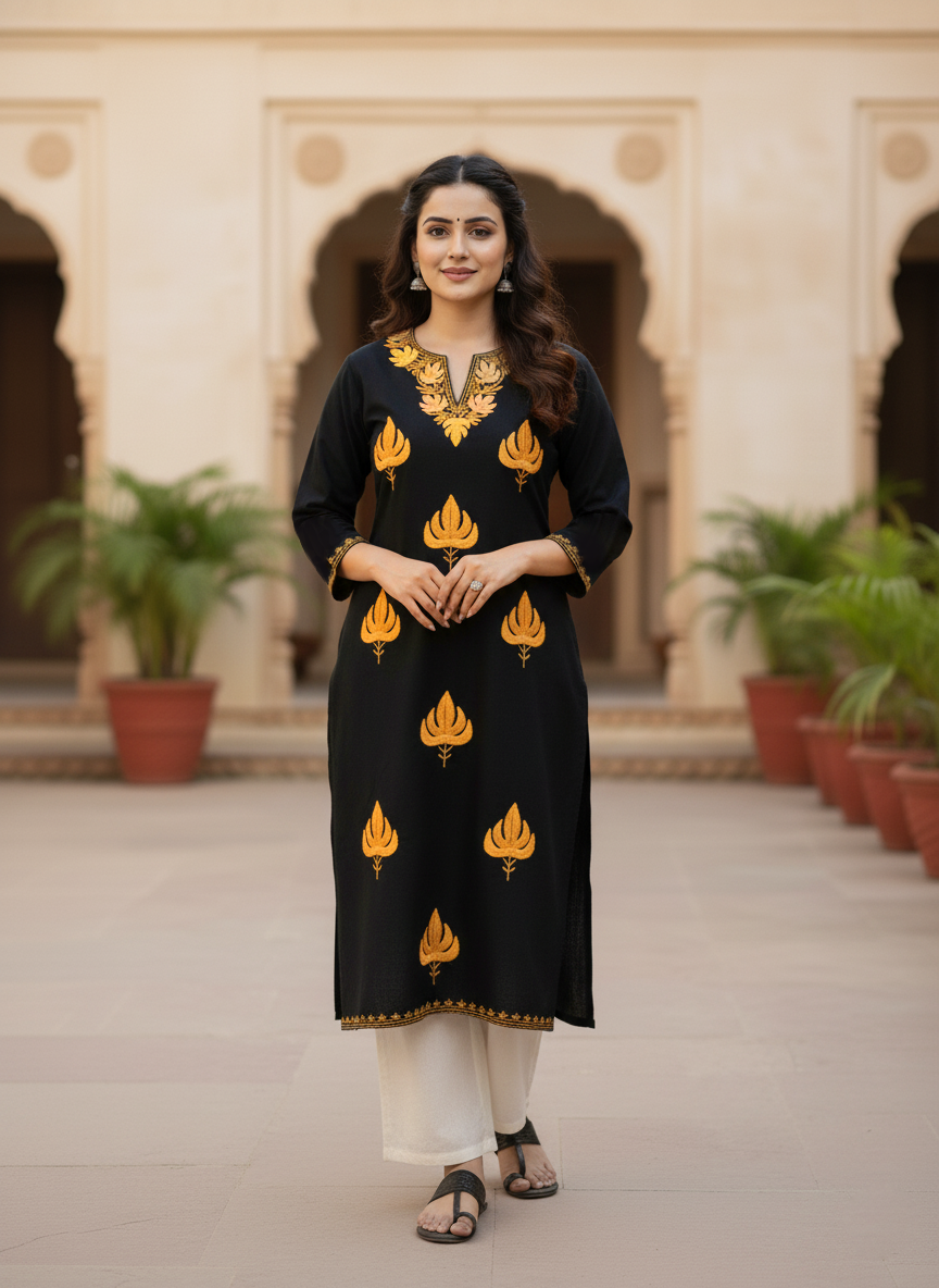 Black & Orange Floral Embroidered Kashmiri Pheran