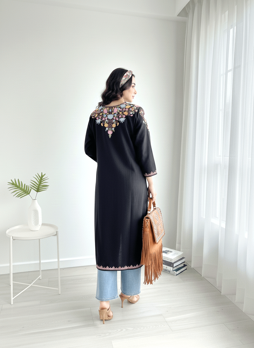 Black and Multicolor Floral Aari Embroidered Kashmiri Pheran