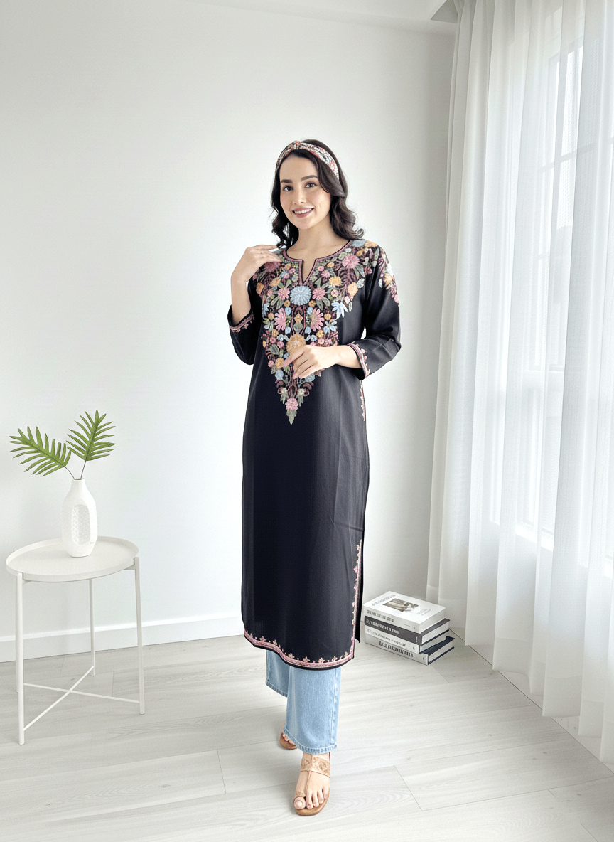 Black and Multicolor Floral Aari Embroidered Kashmiri Pheran