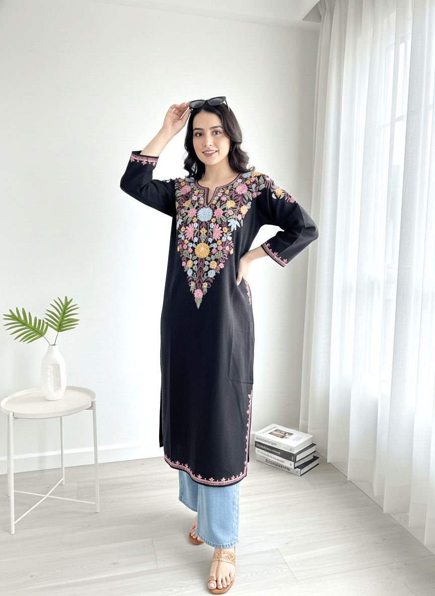 Black and Multicolor Floral Aari Embroidered Kashmiri Pheran