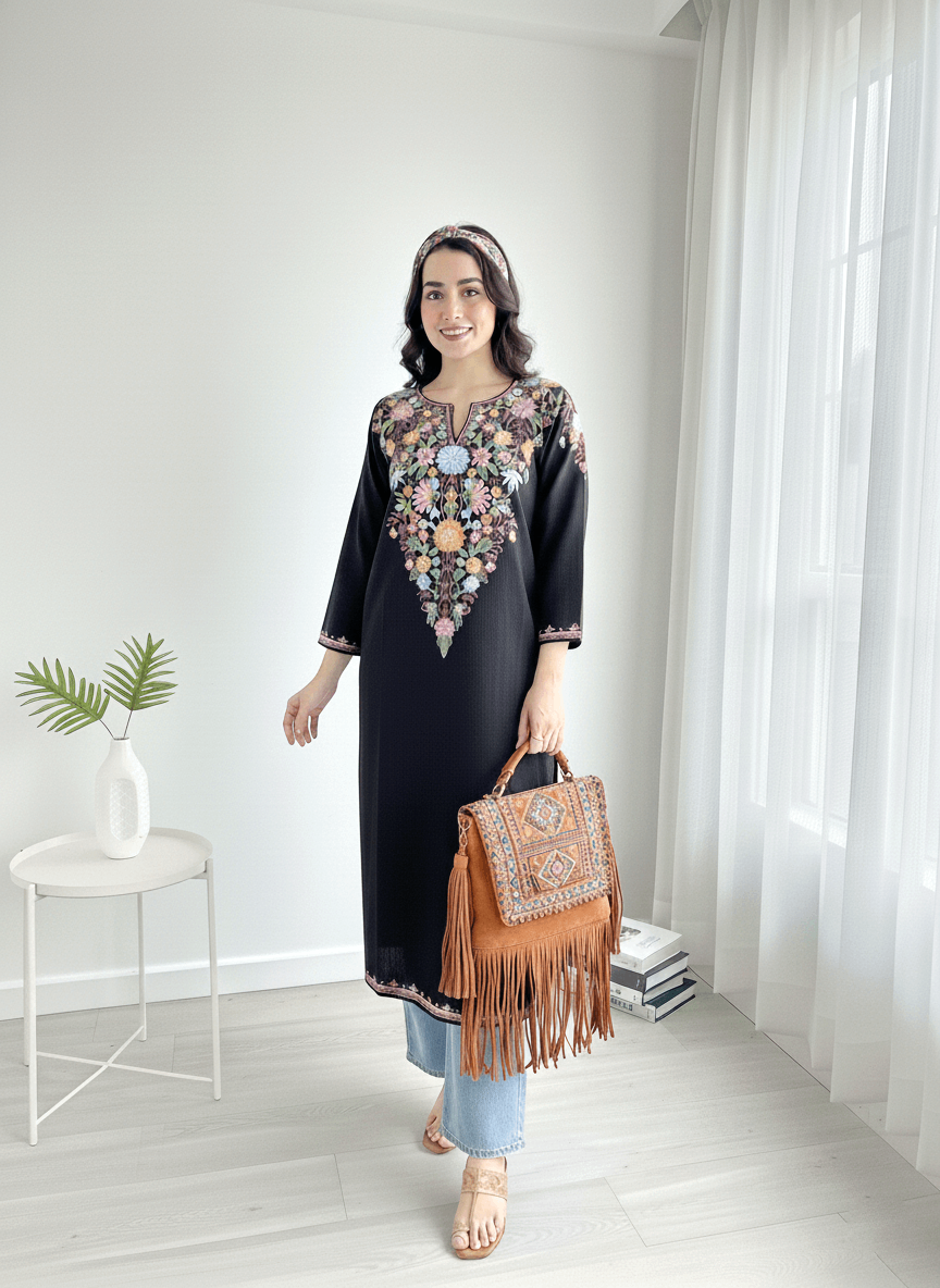 Black and Multicolor Floral Aari Embroidered Kashmiri Pheran