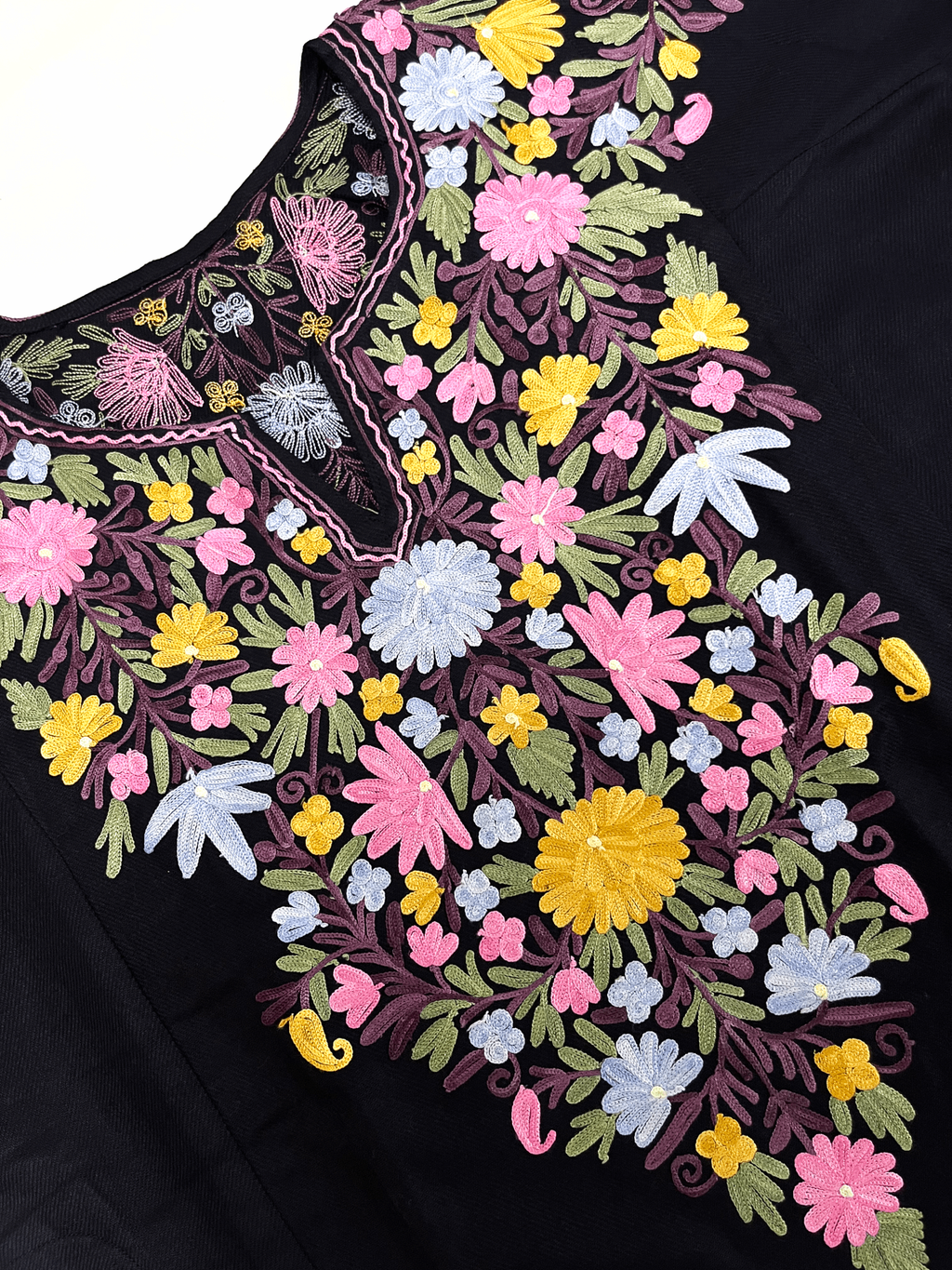 Black and Multicolor Floral Aari Embroidered Kashmiri Pheran