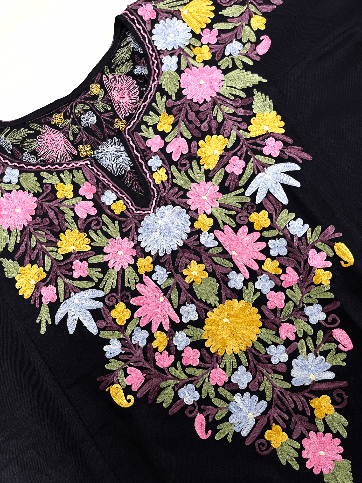 Black and Multicolor Floral Aari Embroidered Kashmiri Pheran