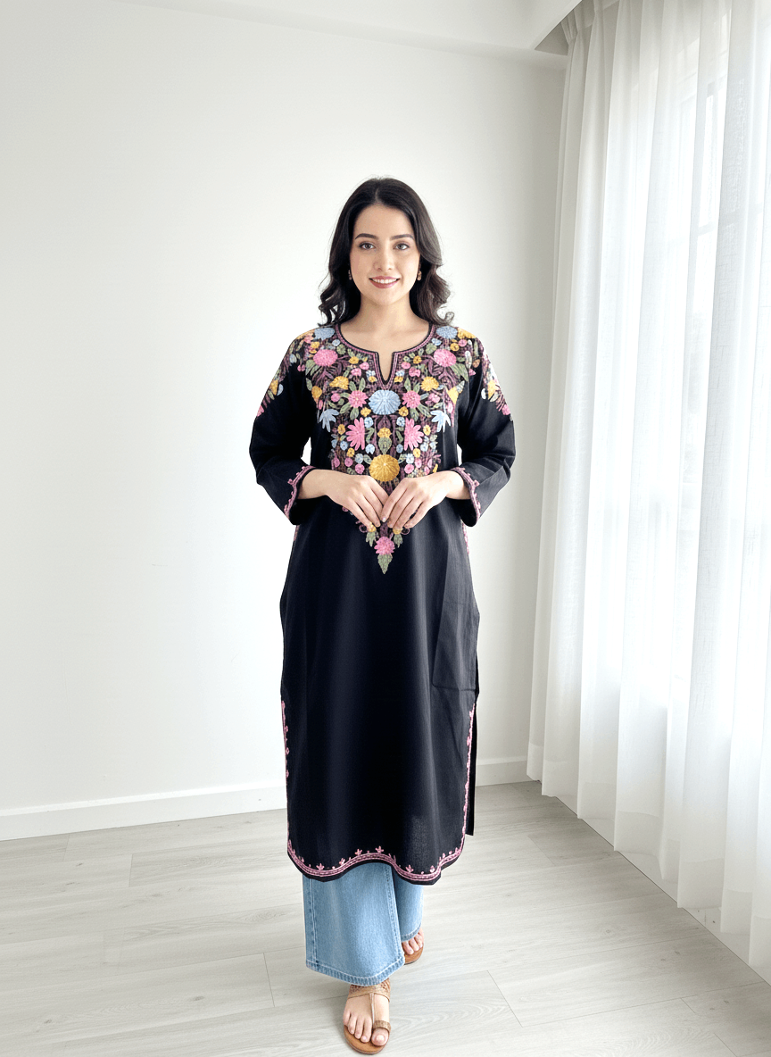 Black and Multicolor Floral Aari Embroidered Kashmiri Pheran