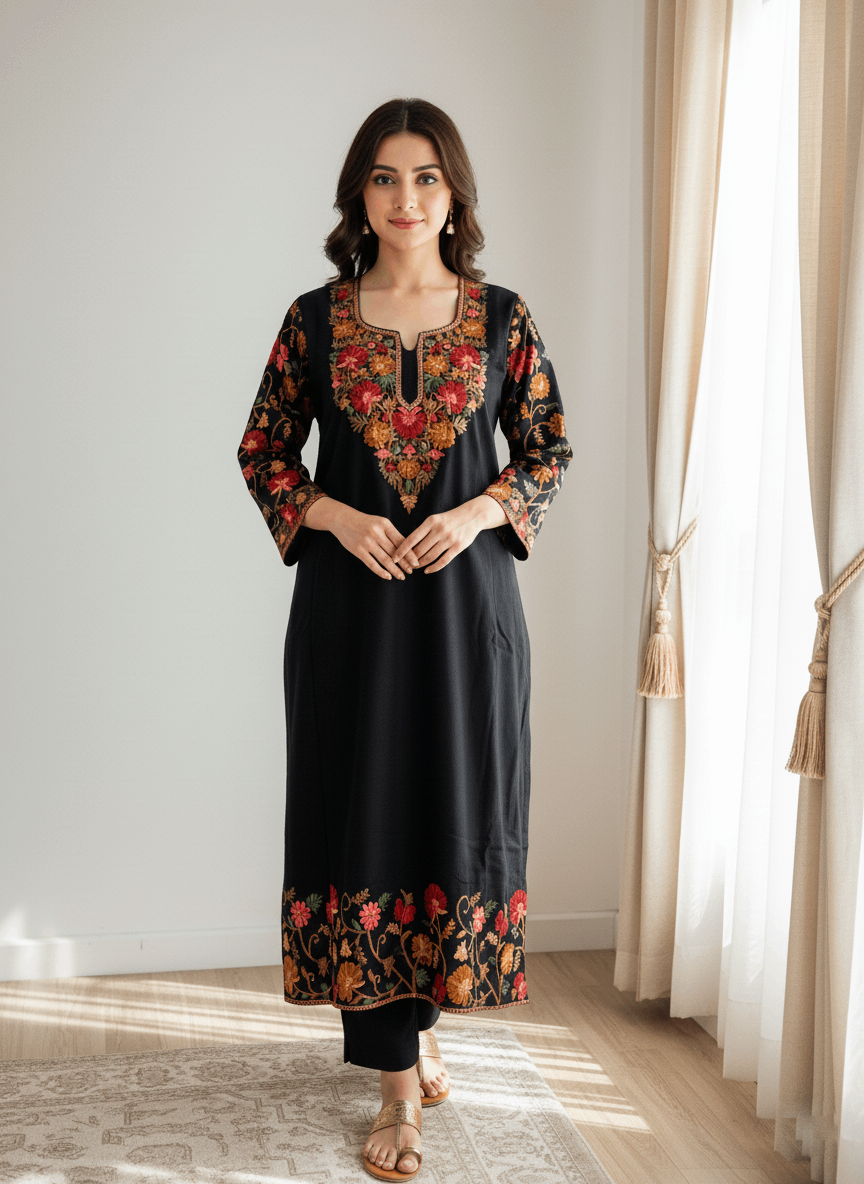Black and Red Floral Aari–Tilla Embroidered Kashmiri Pheran