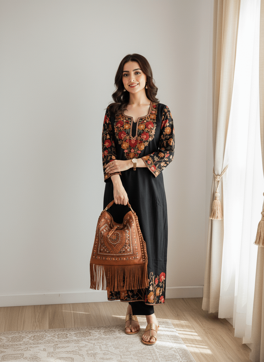 Black and Red Floral Aari–Tilla Embroidered Kashmiri Pheran