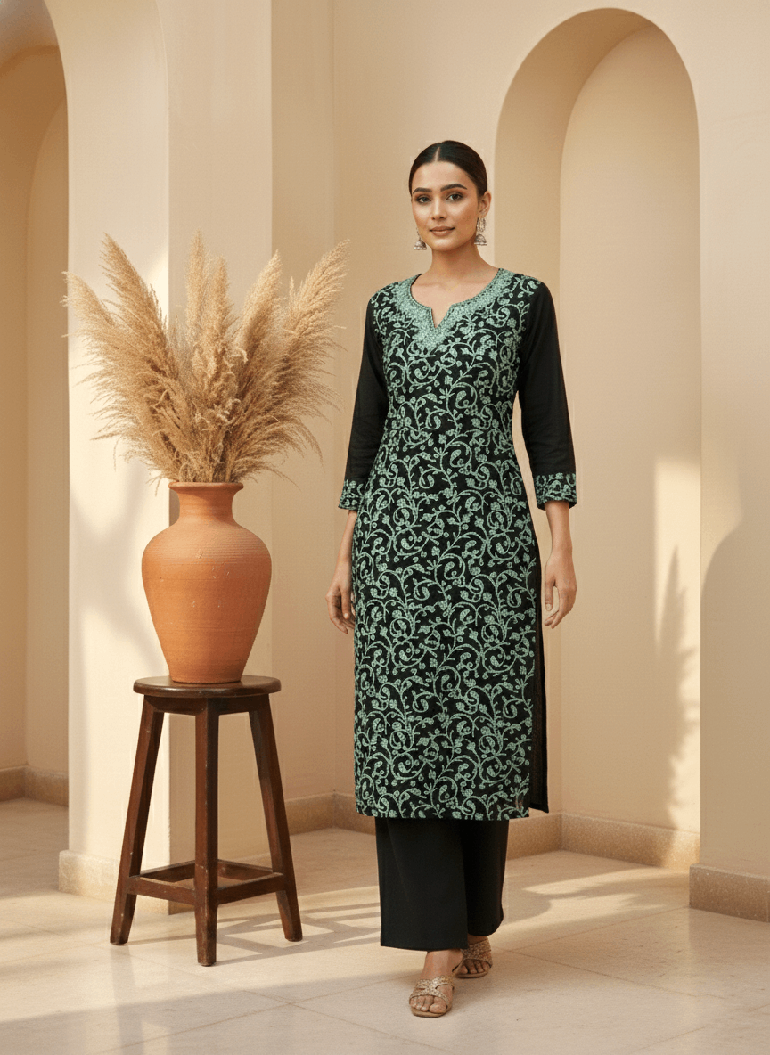 Black and Sky Blue Aari Embroidered Cotton Coord Set