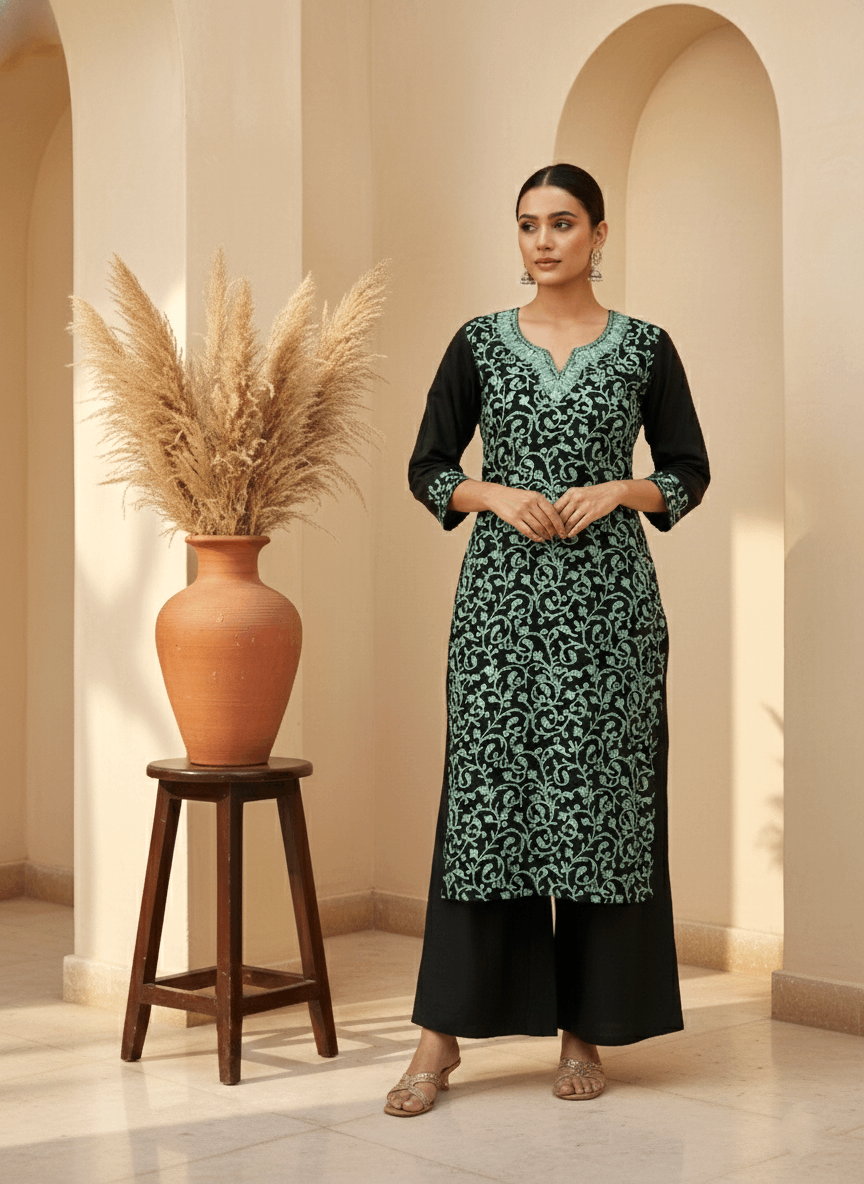 Black and Sky Blue Aari Embroidered Cotton Coord Set