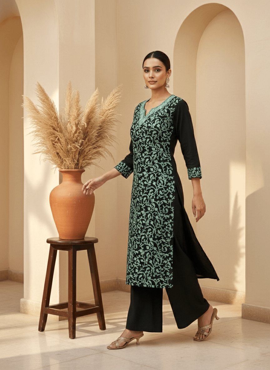 Black and Sky Blue Aari Embroidered Cotton Coord Set