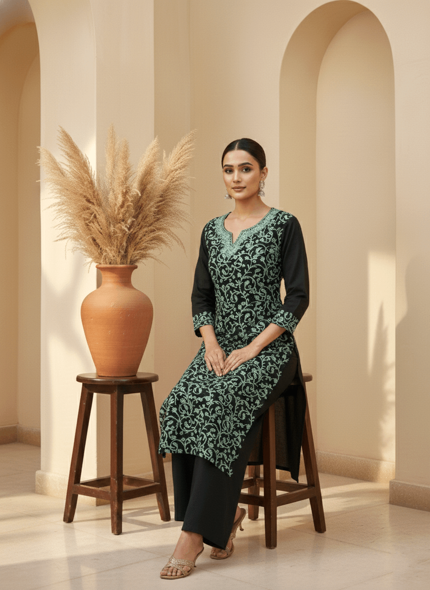 Black and Sky Blue Aari Embroidered Cotton Coord Set