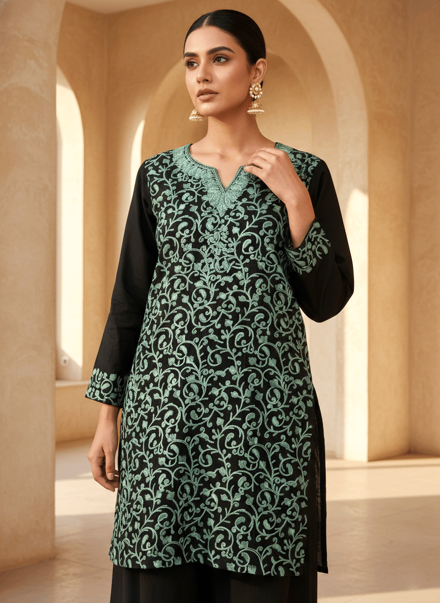 Black and Sky Blue Aari Embroidered Cotton Coord Set