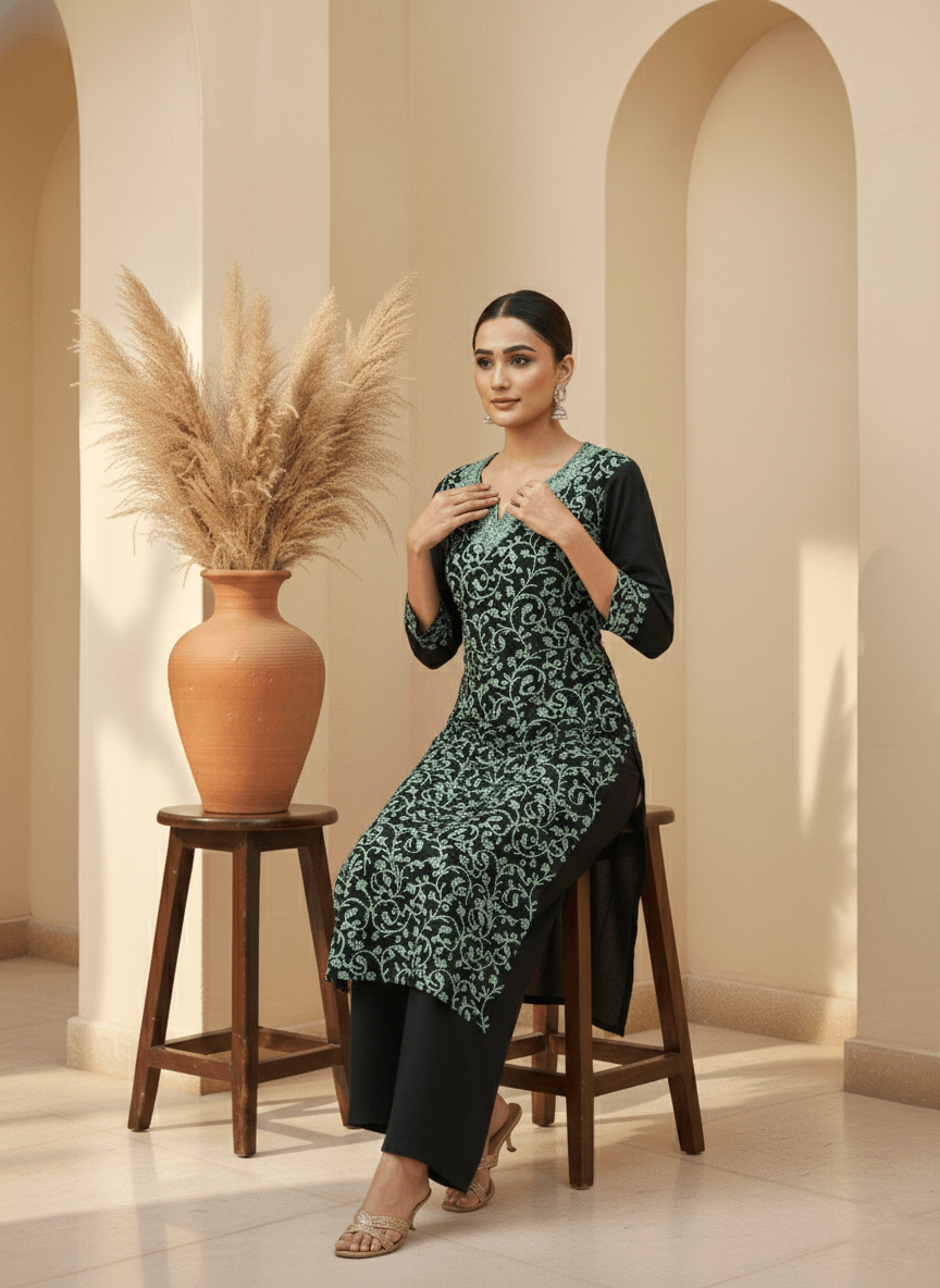 Black and Sky Blue Aari Embroidered Cotton Coord Set