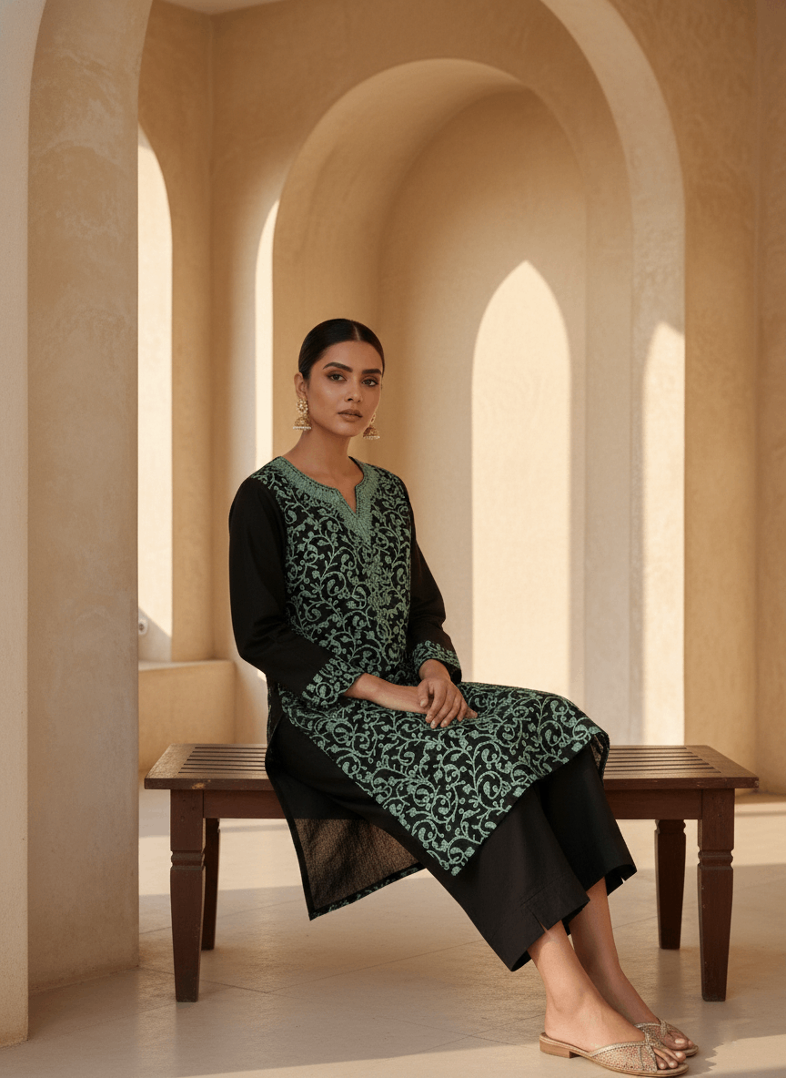 Black and Sky Blue Aari Embroidered Cotton Coord Set