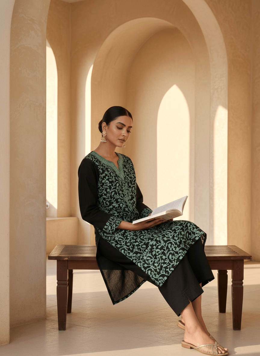 Black and Sky Blue Aari Embroidered Cotton Coord Set