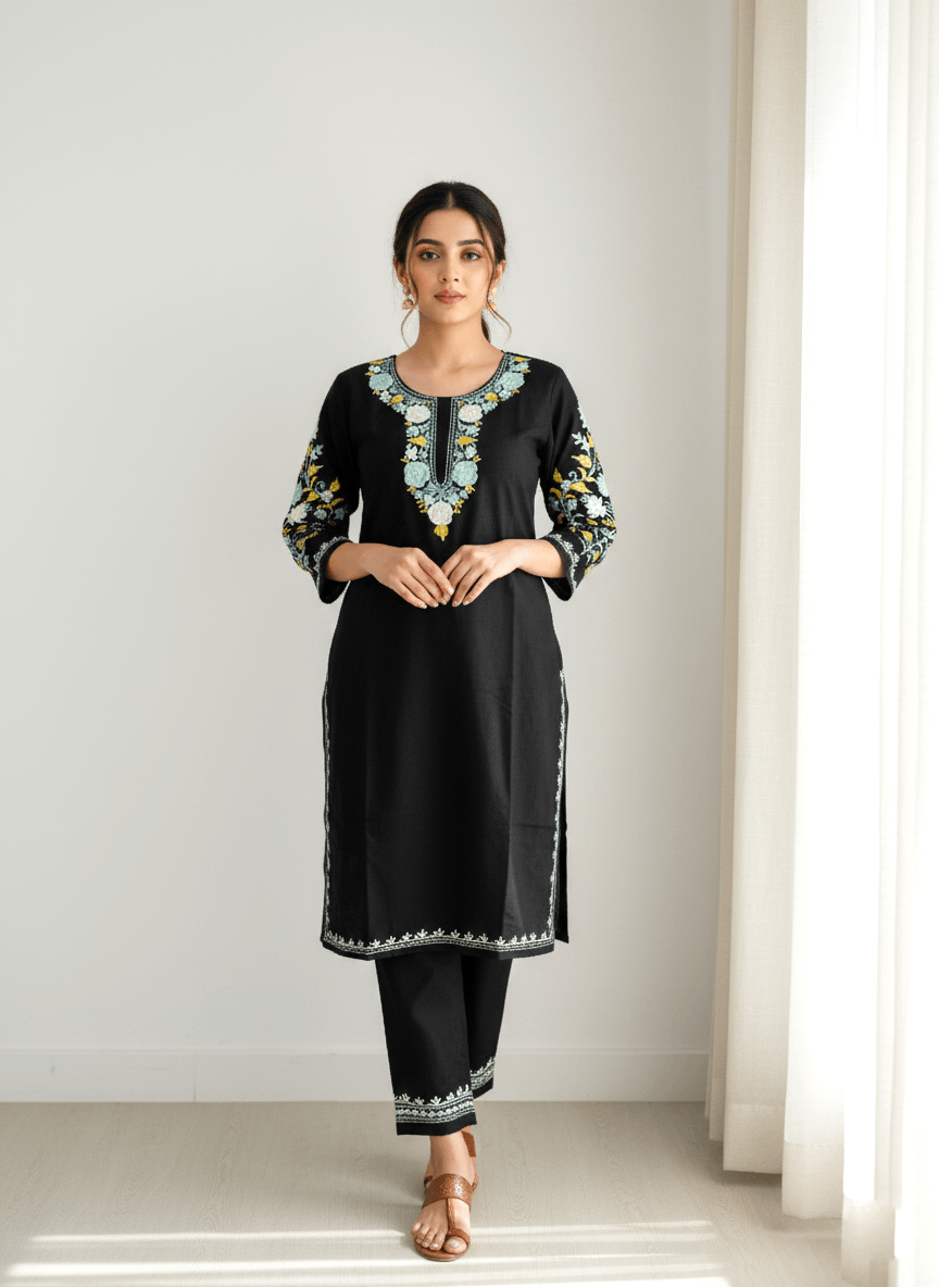 Black and Sky Blue Floral Aari Embroidered Kashmiri Coord Set
