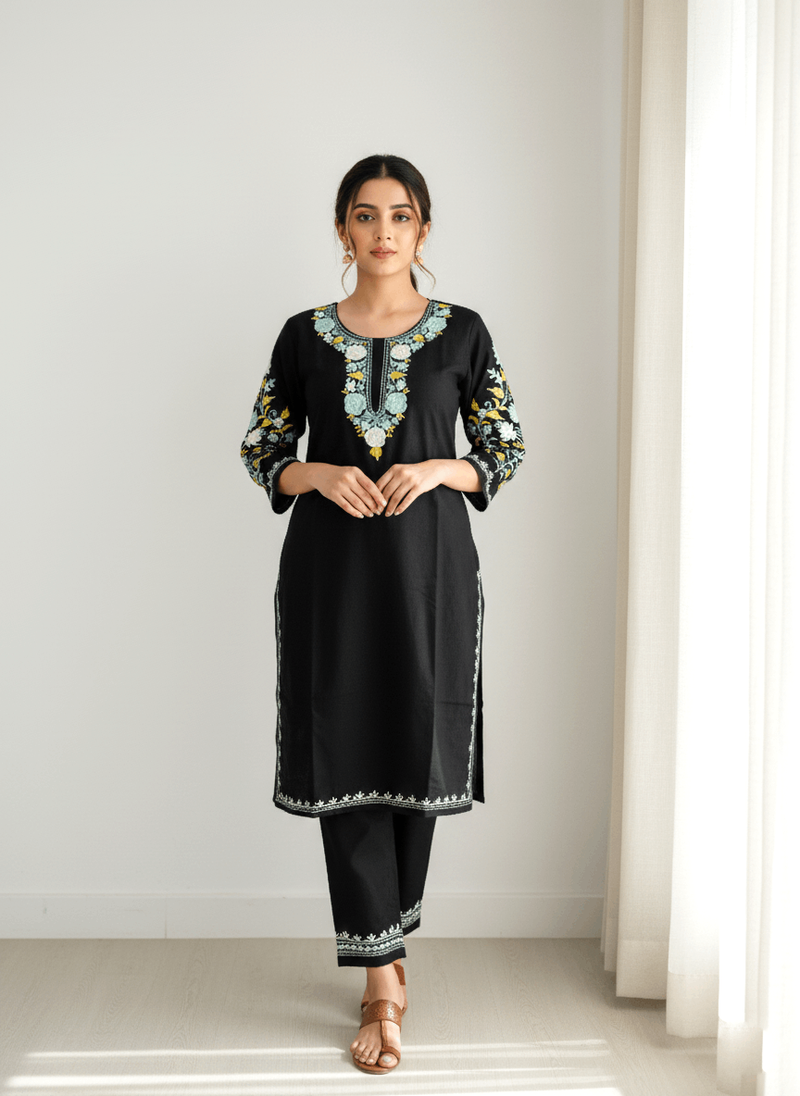 Black and Sky Blue Floral Aari Embroidered Kashmiri Coord Set