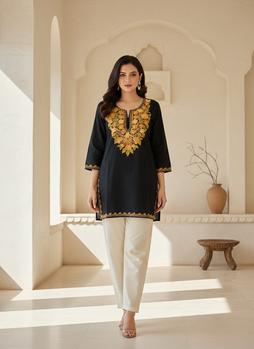 Black and Yellow Aari Embroidered Cotton Short Kurti
