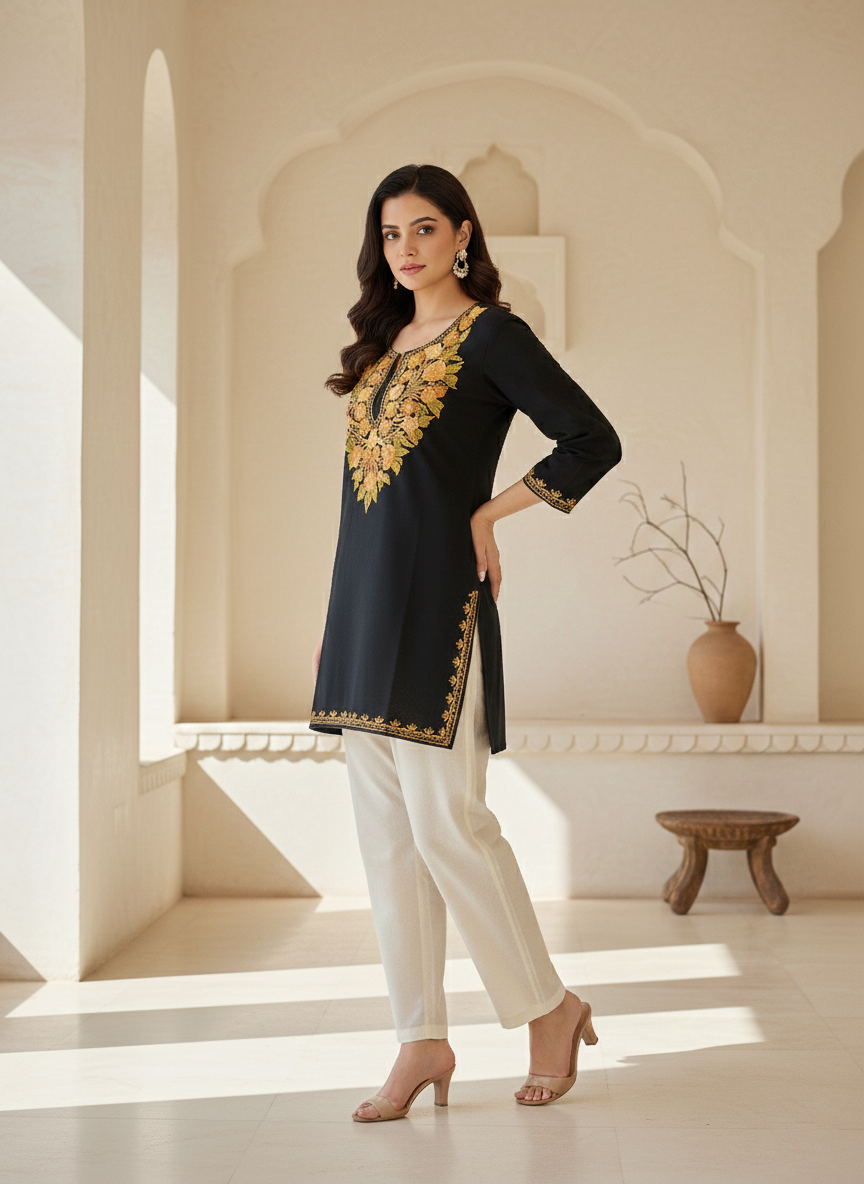 Black and Yellow Aari Embroidered Cotton Short Kurti
