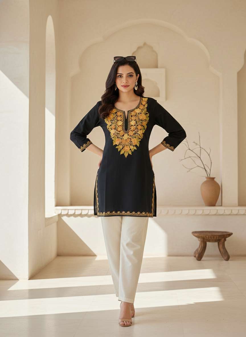 Black and Yellow Aari Embroidered Cotton Short Kurti
