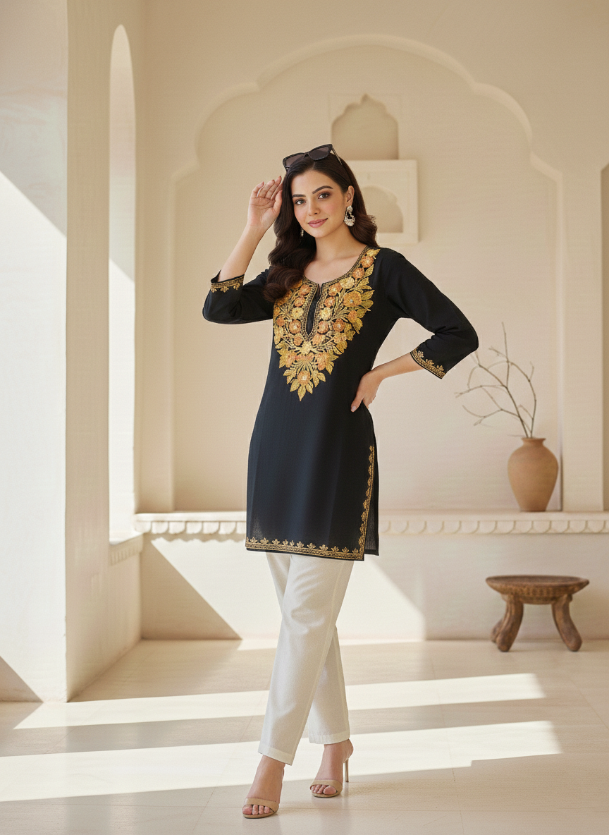 Black and Yellow Aari Embroidered Cotton Short Kurti