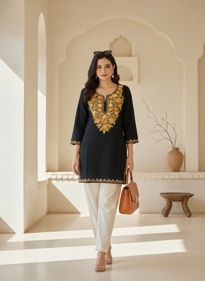 Black and Yellow Aari Embroidered Cotton Short Kurti