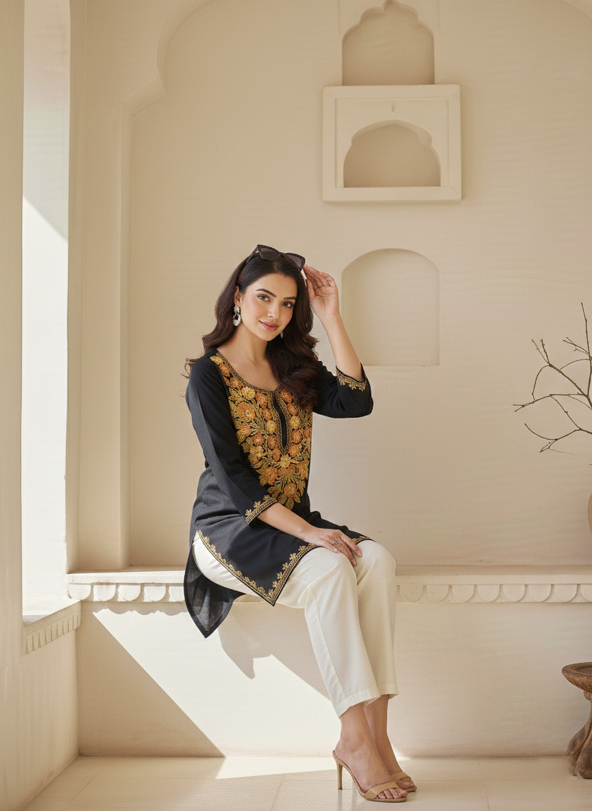 Black and Yellow Aari Embroidered Cotton Short Kurti