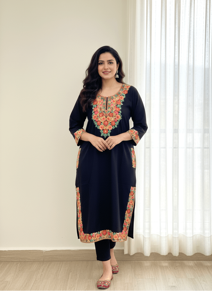 Black & Red Floral Embroidered Kashmiri Pheran