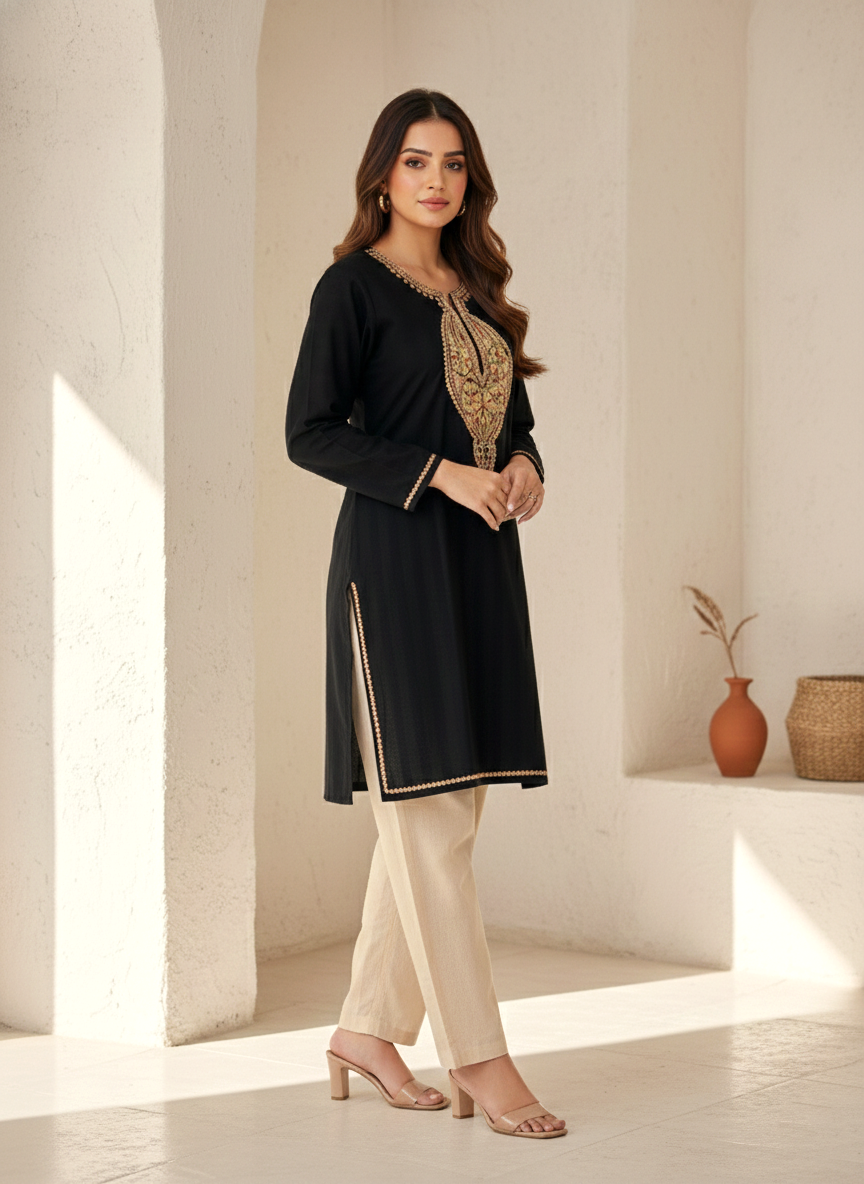 Black tilla Embroidered Short Cotton Kurti