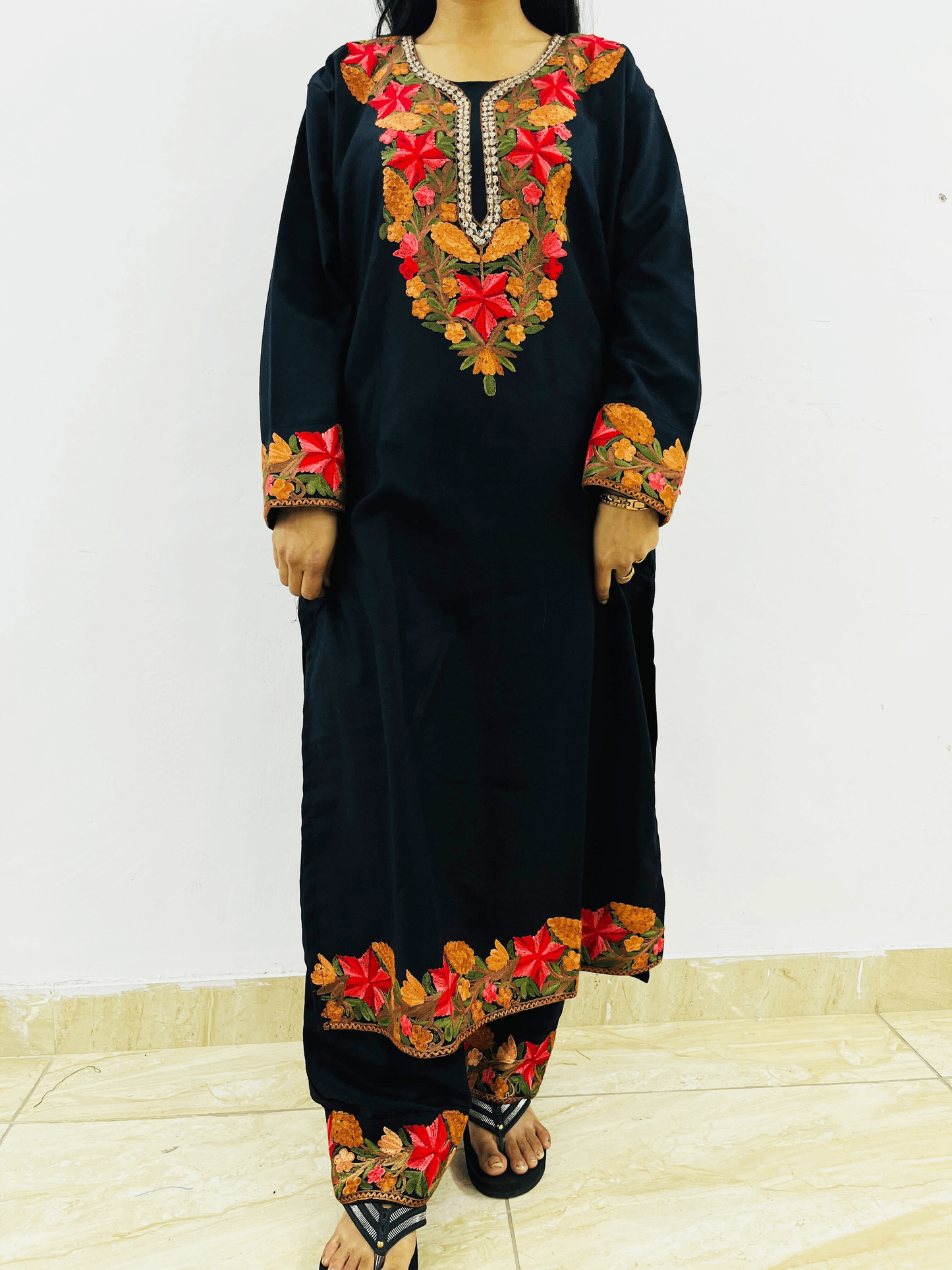 Black Kashmiri Aari Woollen Co-ord Set