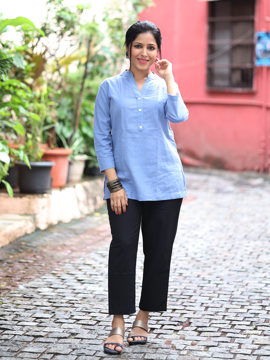 English Blue Kurti and Black Pant Set