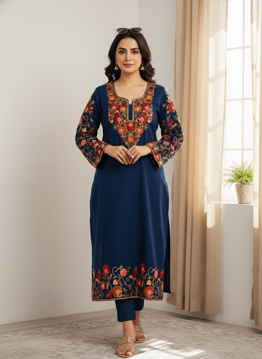 Blue Floral Aari-Tilla Embroidered Kashmiri Pheran