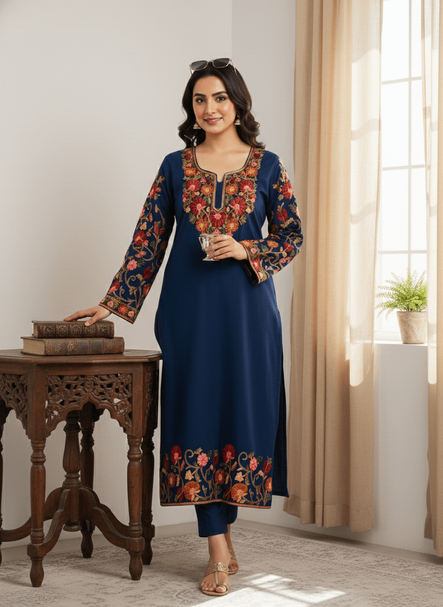 Blue Floral Aari-Tilla Embroidered Kashmiri Pheran