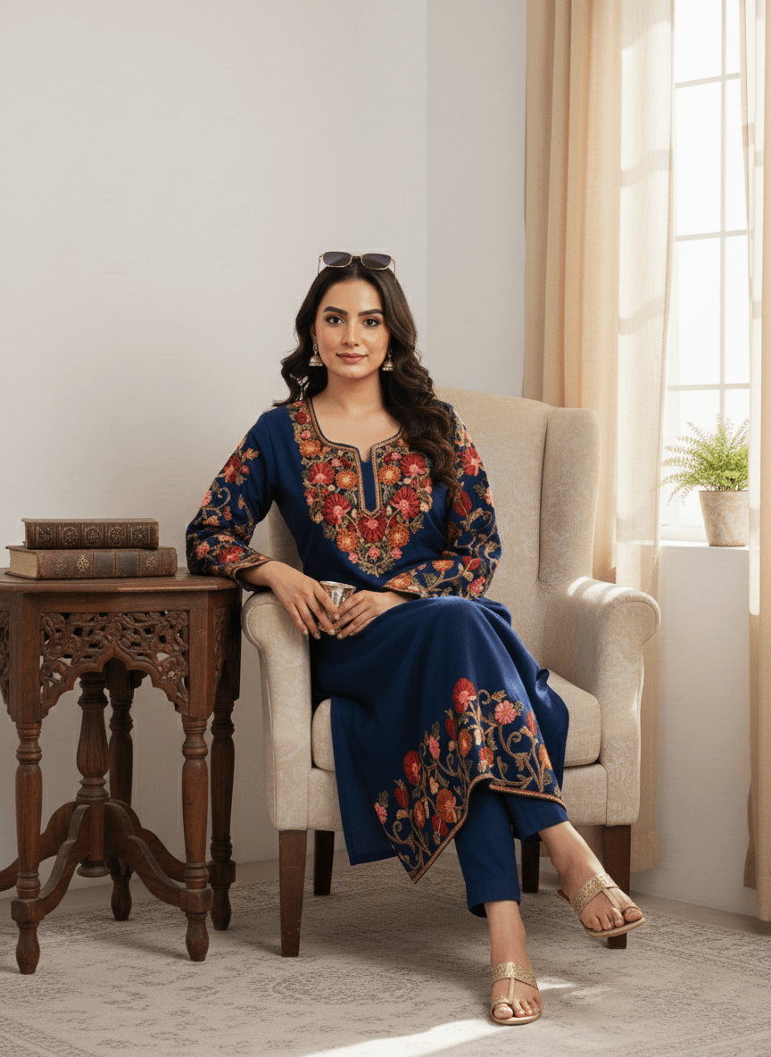 Blue Floral Aari-Tilla Embroidered Kashmiri Pheran